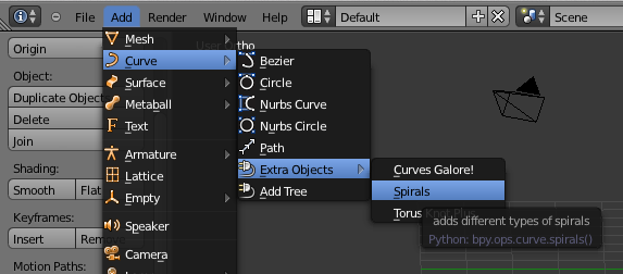 image of curve add on options in blender